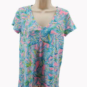 Lilly Pulitzer Etta V-Neck Tee Women’s XS Pelican Pink Fish Print Cotton NEW